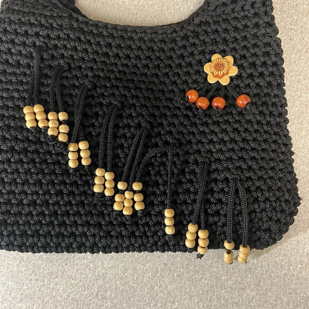 Black Crochet Knit Hobo Sack Beaded Handbag Flower Purse Zip‎ And Inside Pocket